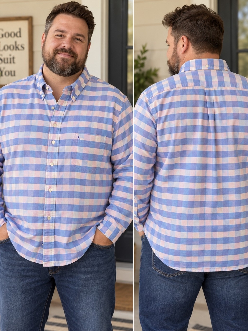 IZOD Saltwater Men’s XXL Plaid Button Down Shirt Blue Pink Long Sleeve Preppy